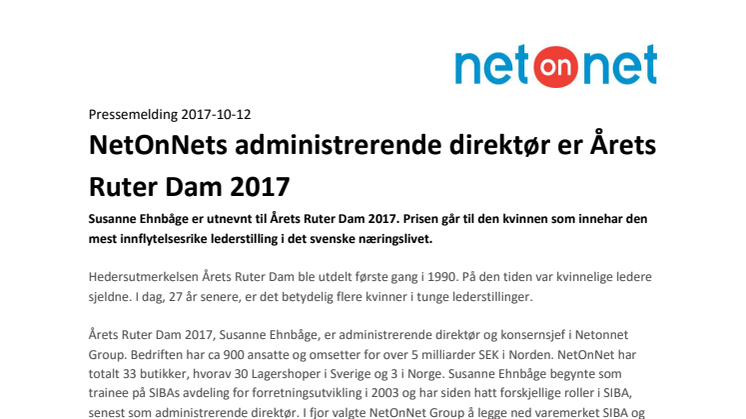 NetOnNets administrerende direktør er Årets Ruter Dam 2017