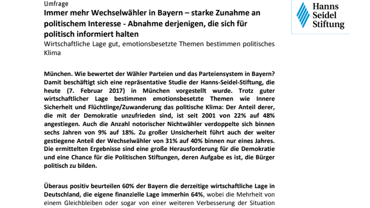 Umfrage: Immer mehr Wechselwähler in Bayern – starke Zunahme an politischem Interesse - Abnahme derjenigen, die sich für politisch informiert halten