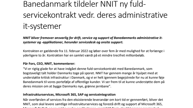 Banedanmark tildeler NNIT 5-års kontrakt 14-02-2022 (Danish translation)