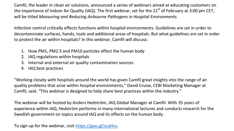 Camfil Announces February 21st Webinar: Measuring and Reducing Airborne Pathogens in Hospital Environments