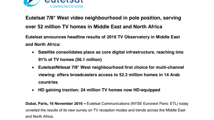 Eutelsat 7/8° West video neighbourhood in pole position, serving over 52 million TV homes in Middle East and North Africa