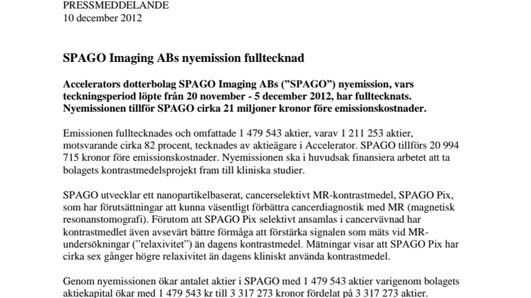 SPAGO Imaging ABs nyemission fulltecknad