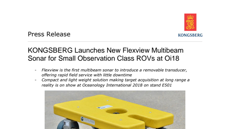 Kongsberg Maritime - Oceanology International 2018: KONGSBERG Launches New Flexview Multibeam Sonar for Small Observation Class ROVs at Oi18