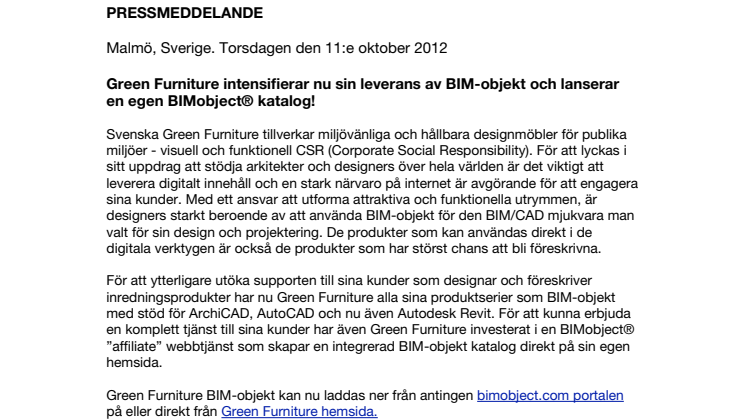 Green Furniture intensifierar nu sin leverans av BIM-objekt och lanserar en egen BIMobject® katalog!
