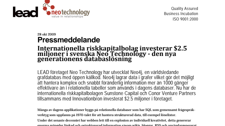 Internationella riskkapitalbolag investerar $2.5 miljoner i svenska Neo Technology - den nya generationens databaslösning