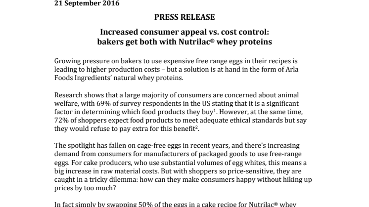 Press release – Increased consumer appeal vs. cost control:  bakers get both with Nutrilac® whey proteins 