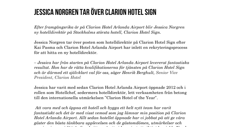 Jessica Norgren tar över Clarion Hotel Sign