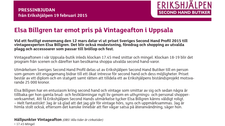 Elsa Billgren tar emot pris på Vintageafton i Uppsala