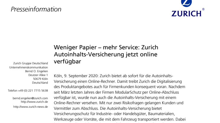 Weniger Papier – mehr Service: Zurich Autoinhalts-Versicherung jetzt online verfügbar