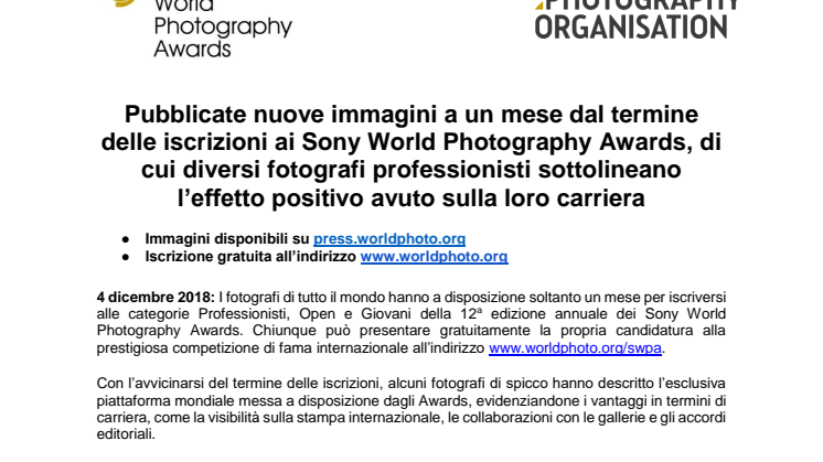 Pubblicate nuove immagini a un mese dal termine delle iscrizioni ai Sony World Photography Awards, di cui diversi fotografi professionisti sottolineano l’effetto positivo avuto sulla loro carriera