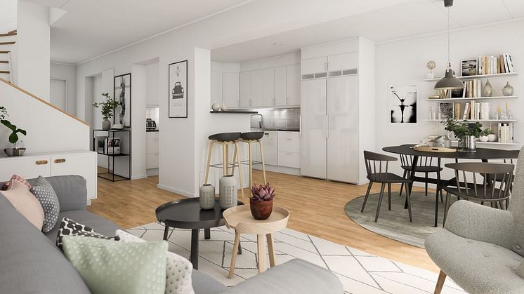 Brf Körsbärsdalen - 3D-bild av kök och vardagsrum. 