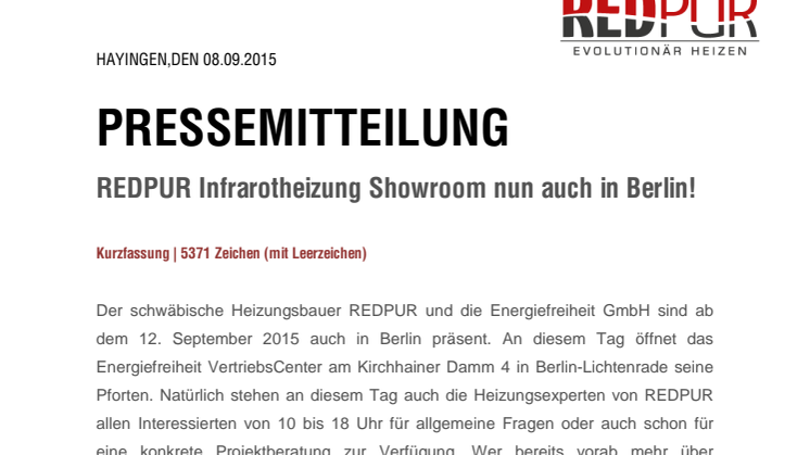 REDPUR Infrarotheizung Showroom nun auch in Berlin!