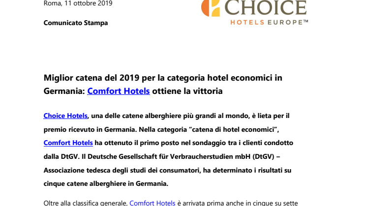 Miglior catena del 2019 per la categoria hotel economici in Germania: Comfort Hotels ottiene la vittoria 