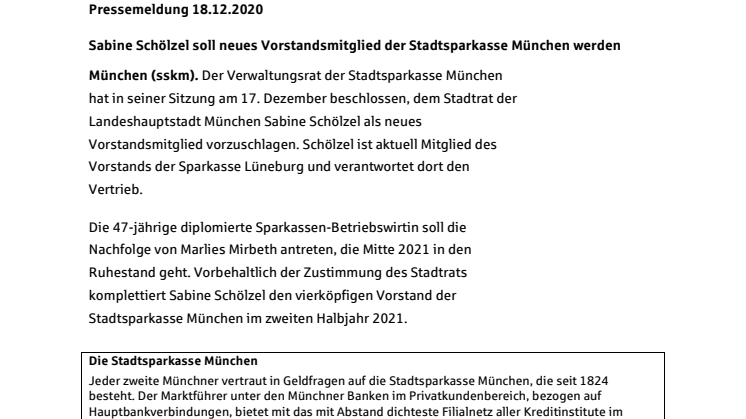 Sabine Schölzel soll neues Vorstandsmitglied der Stadtsparkasse München werden