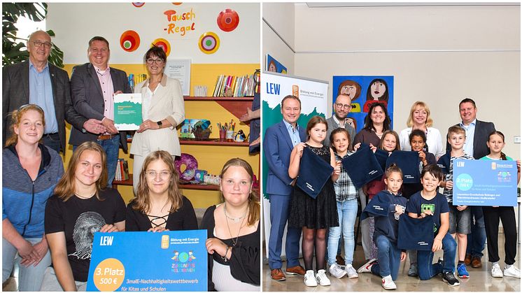 Preisträger des 3malE-Wettbewerbs „Zukunfstheld:innen“ von der Mittelschule Großaitingen (linkes Foto) und der Laurentius-Grundschule Bobingen (rechtes Foto). Einzelfotos mit genauen Bildbeschreibungen sind im Download-Bereich unten verfügbar.