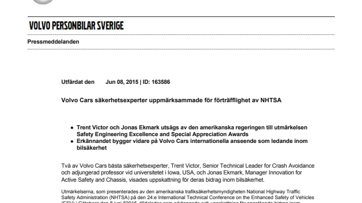Volvo Cars säkerhetsexperter uppmärksammade för förträfflighet av NHTSA