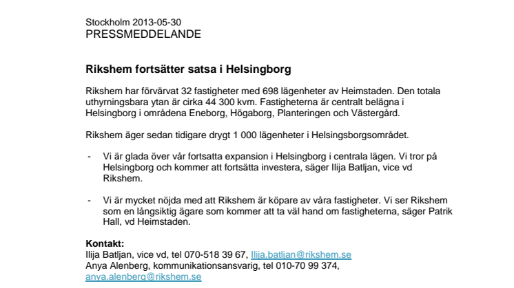 Rikshem fortsätter satsa i Helsingborg