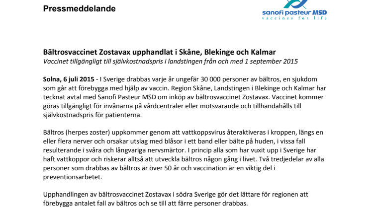 Bältrosvaccinet Zostavax upphandlat i Skåne, Blekinge och Kalmar