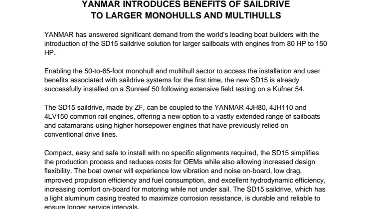 YANMAR Introduces Benefits of Saildrive to Larger Monohulls and Multihulls