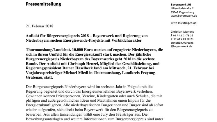 Auftakt für Bürgerenergiepreis Niederbayern 2018