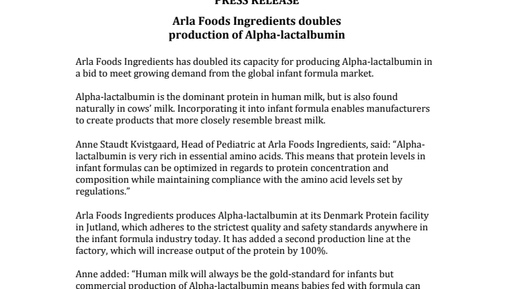 ​Arla Foods Ingredients doubles production of Alpha-lactalbumin
