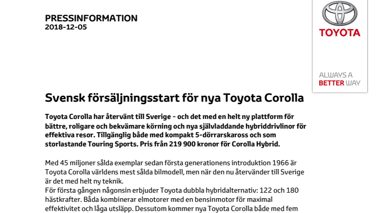 Svensk försäljningsstart för nya Toyota Corolla