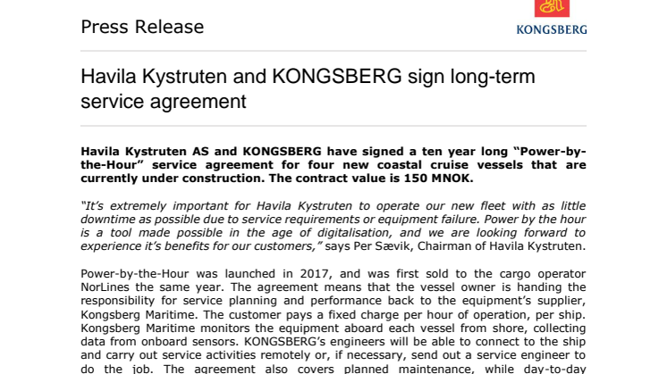 Havila Kystruten and KONGSBERG sign long-term service agreement