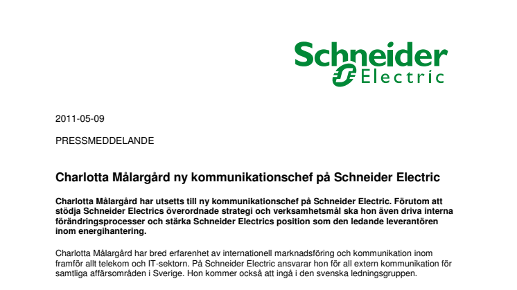 Charlotta Målargård ny kommunikationschef på Schneider Electric 