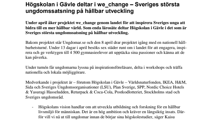Högskolan i Gävle deltar i we_change – Sveriges största ungdomssatsning på hållbar utveckling