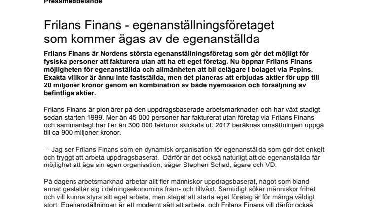 Frilans Finans – egenanställningsföretaget som kommer ägas av de egenanställda 