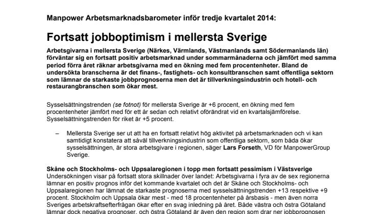 Fortsatt jobboptimism i mellersta Sverige