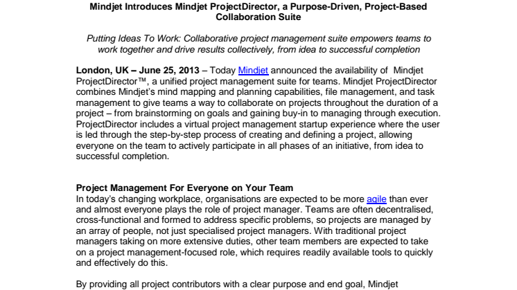 Mindjet Introduces Mindjet ProjectDirector, a Purpose-Driven, Project-Based Collaboration Suite