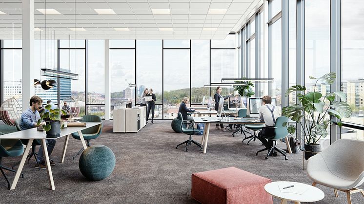 Kontorslokalernas utformning i Kallebäcks Terrasser bygger på det nya mobila sättet att arbeta med möjlighet till både öppna aktivitetsbaserade lösningar eller enskilda arbetsplatser.