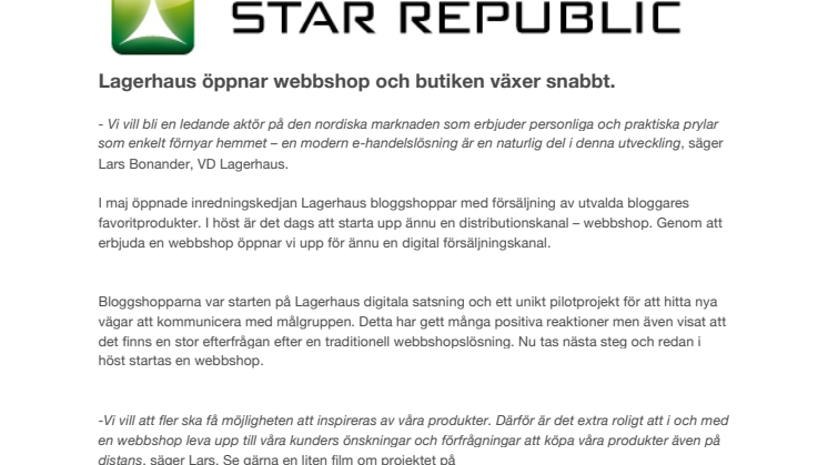 Star Republic bygger social e-handel till Lagerhaus