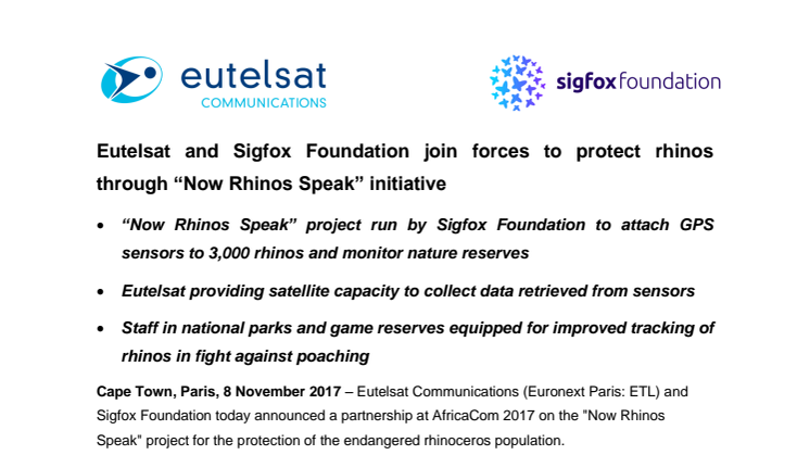 Eutelsat and Sigfox Foundation join forces to protect rhinos through “Now Rhinos Speak” initiative