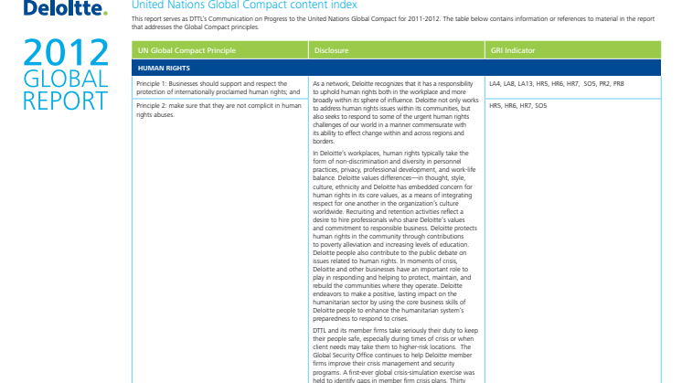 Deloitten 2012 Global Report - UN Global Compact Index