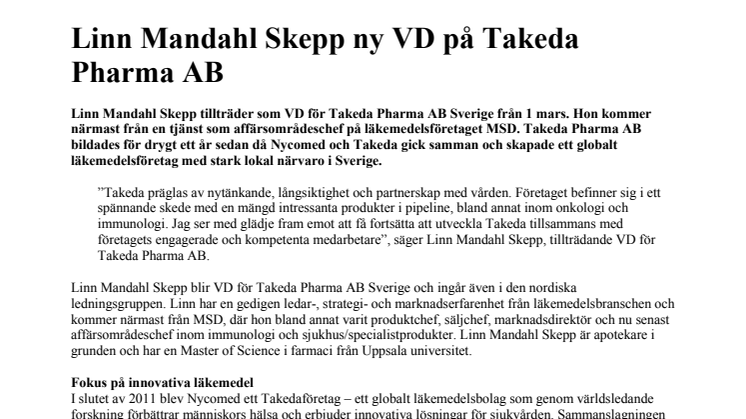 Linn Mandahl Skepp ny VD på Takeda Pharma AB