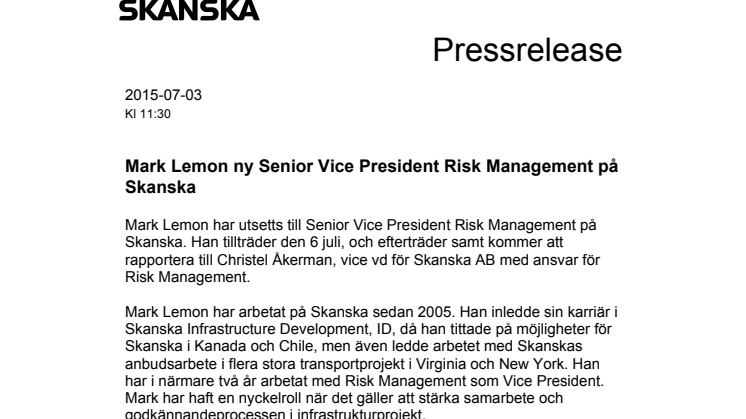 Mark Lemon ny Senior Vice President Risk Management på Skanska