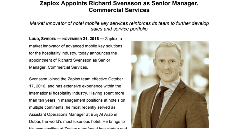 Zaplox Appoints Richard Svensson as Senior Manager, Commercial Services 