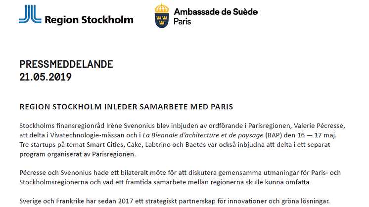 Pressmeddelande från svenska ambassaden i Paris
