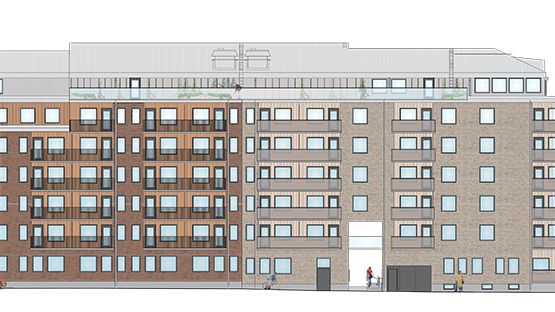 Fasadritning på fastigheten som blir trygghetsboende i Gävle.