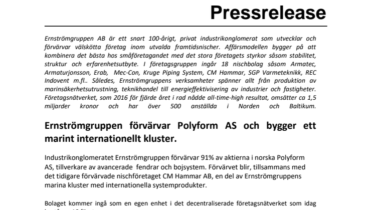 Ernströmgruppen förvärvar Polyform AS och bygger ett marint internationellt kluster