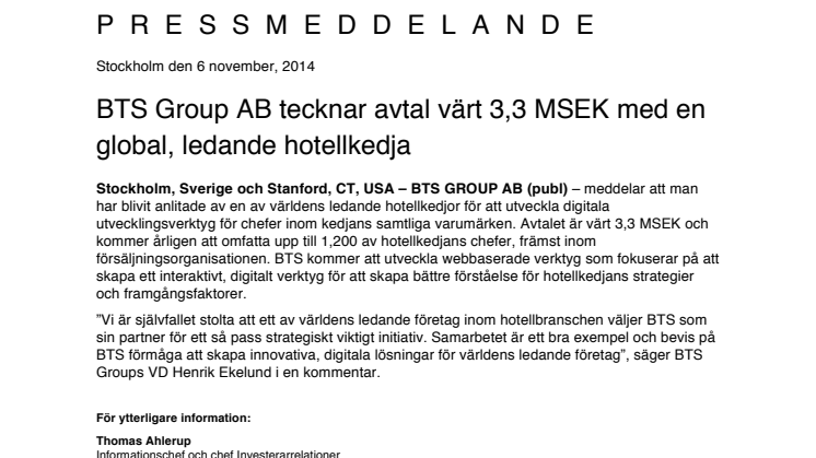 BTS Group AB tecknar avtal värt 3,3 MSEK med en global, ledande hotellkedja