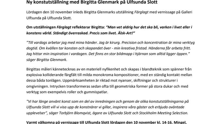 Ny konstutställning med Birgitta Glenmark på Ulfsunda Slott
