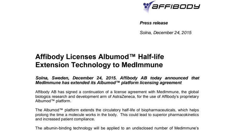 Affibody Licenses Albumod™ Half-life Extension Technology to MedImmune