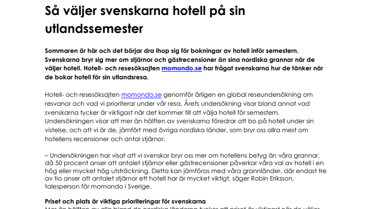 Så väljer svenskarna hotell på sin utlandssemester
