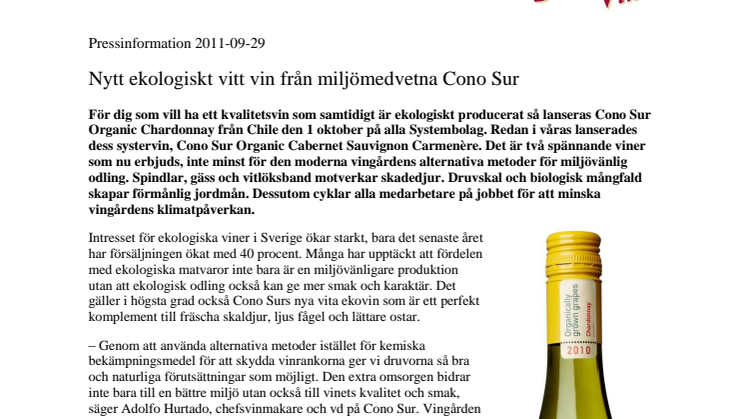 Nytt ekologiskt vitt vin från miljömedvetna Cono Sur