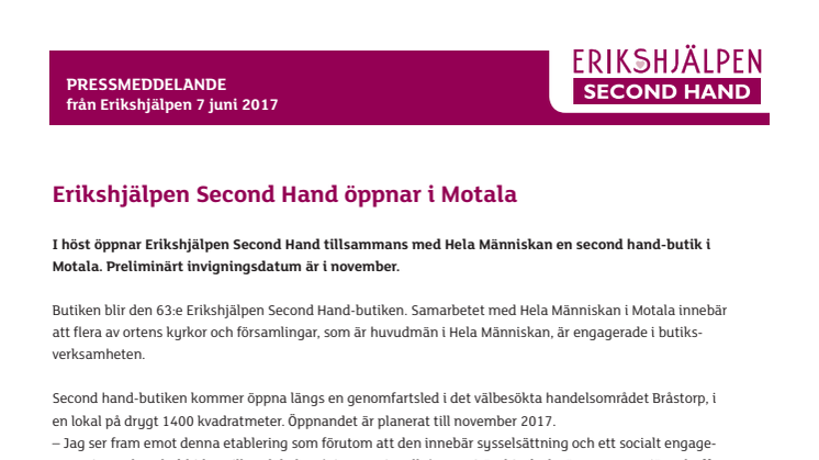 Erikshjälpen Second Hand öppnar i Motala