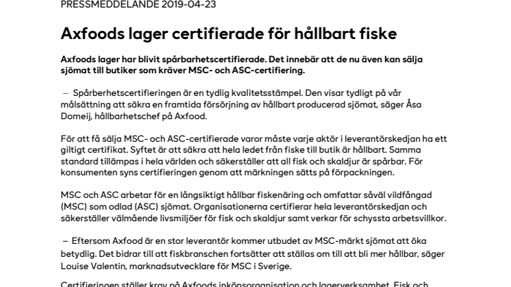 Axfoods lager certifierade för hållbart fiske