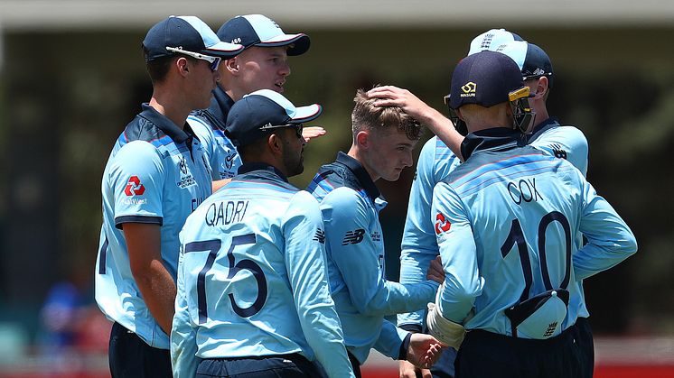 Lewis Goldsworthy celebrates a wicket against West Indies at the 2020 ICC U19 World Cup (IBC/Getty Images)